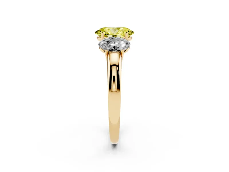 Oval Three Stone Engagement Ring Setting for a Fancy Yellow Lab-Grown Diamond | Matching Side Stones | Yellow Gold
