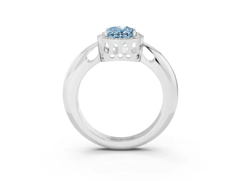 Fancy Blue Oval Cut Diamond Halo Engagement Ring Set in White gold with Plain Split Shank and Prong Setting
