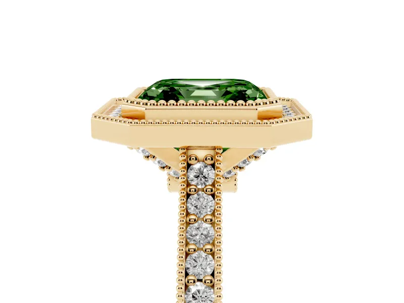 Asscher Cut Vintage Milgrain Halo Engagement Ring Setting for a Fancy Green Lab-Grown Diamond | Bezel Head | Yellow Gold