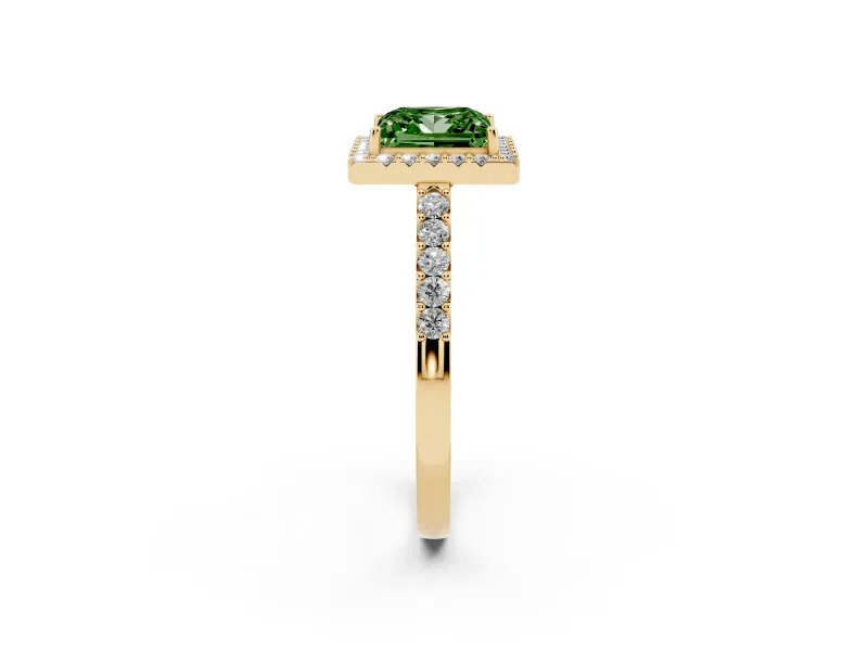 Princess Cut Halo Engagement Ring Setting for a Fancy Green Lab-Grown Diamond | Single Row Pavé Band | Yellow Gold