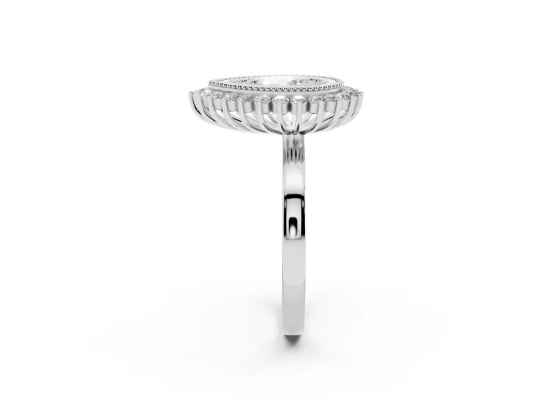 Pear Cut Diamond Halo Ring Set in White gold with Milgrain Edge and Round Prong Setting