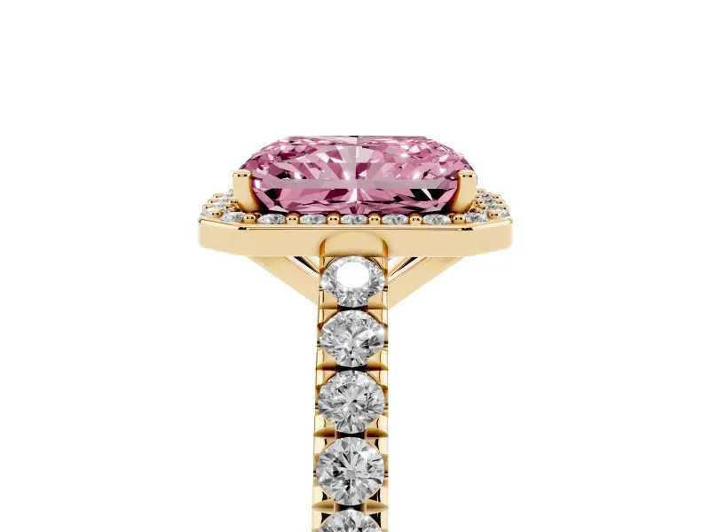 Radiant Cut Halo Pavé Engagement Ring Setting for a Fancy Pink Lab-Grown Diamond | Yellow Gold