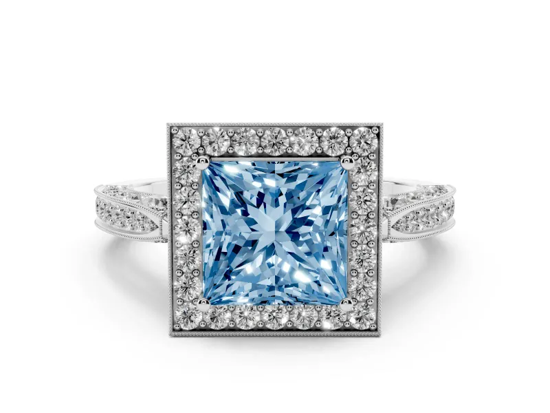 Fancy Blue Princess Cut Diamond Halo Engagement Ring Set in White gold with Accent Split Shank Band