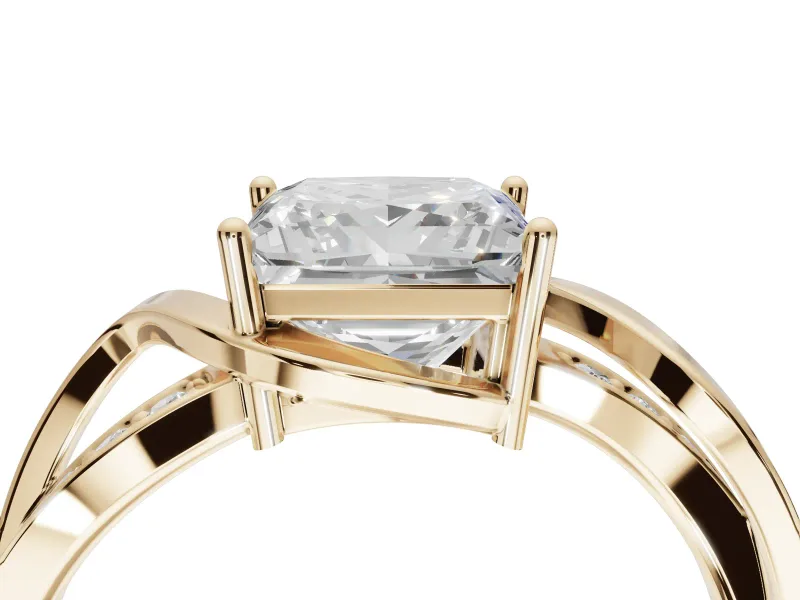 Princess Cut Bypass Solitaire Engagement Ring Setting | Pavé and Plain Strands | Yellow Gold