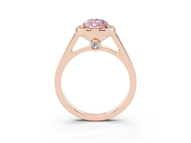 Fancy Pink Pear Cut Diamond Halo Solitaire Ring Set in Rose gold with Pavé Band and Bezel Setting