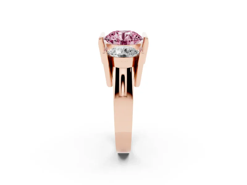 Fancy Pink Round Cut Diamond Three-Stone Channel Set Ring Set in Rose gold with Smooth Polished Band