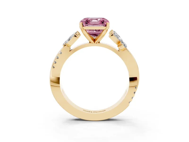 Fancy Pink Asscher Cut Diamond Floral Vine Solitaire Engagement Ring Set in Yellow gold with Marquise Leaves
