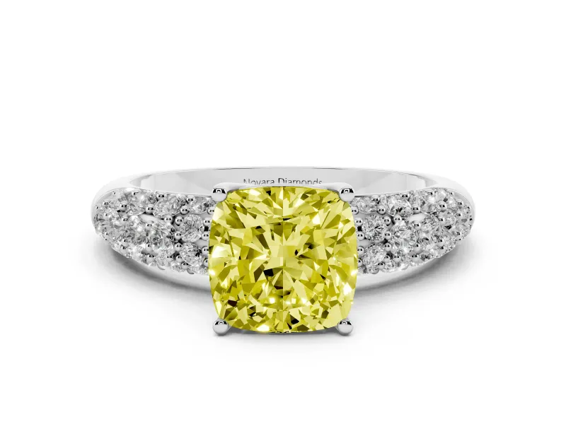 Fancy Yellow Cushion Cut Diamond Pavé Band Solitaire Ring Set in Platinum with Close-Set Accent Stones and Prong Setting