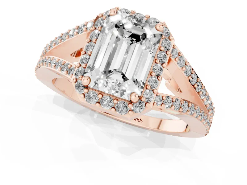 Emerald Cut Halo Engagement Ring Setting | V-Split Pavé Band | Rose Gold