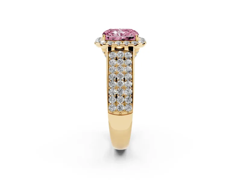Radiant Cut Pavé Engagement Ring Setting for a Fancy Pink Lab-Grown Diamond | Wide Three-Row Band | Yellow Gold