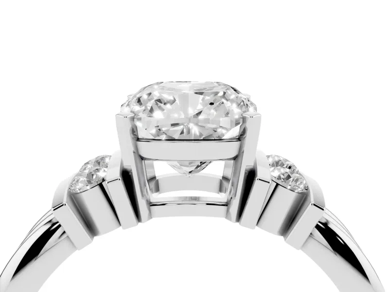 Three-Stone Cushion Cut Diamond Channel Set Ring Set in Platinum with Bar Prongs