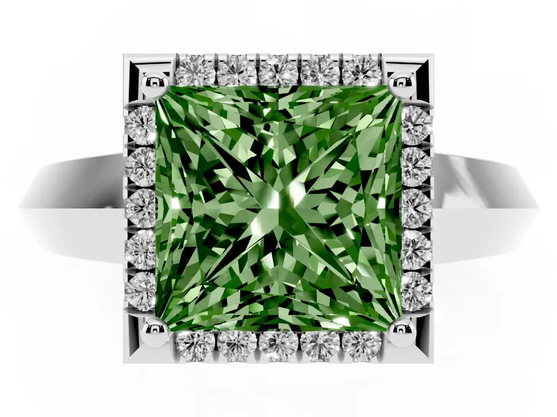 Princess Cut Halo Engagement Ring Setting for a Fancy Green Lab-Grown Diamond | Knife-Edge Band | Sterling Silver