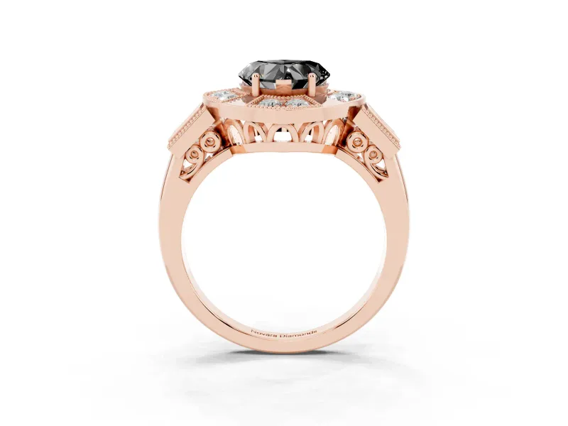 Fancy Black Heart Cut Diamond Milgrain Halo Ring Set in Rose gold with Split Shank