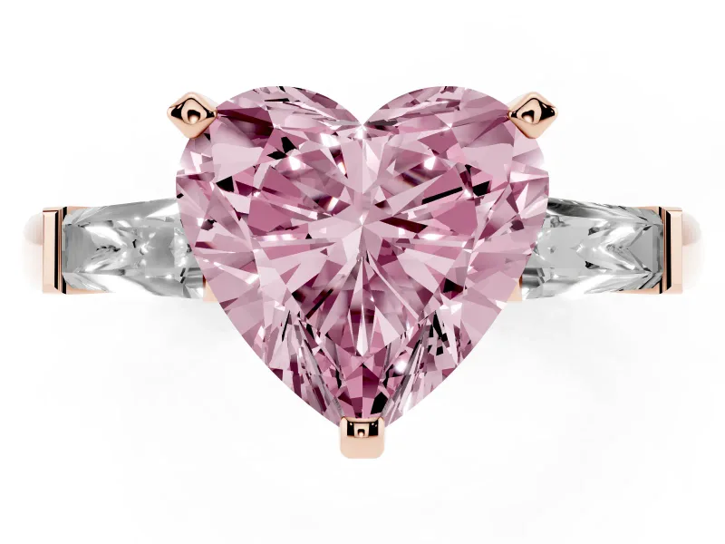 Heart-Shaped Three Stone Engagement Ring Setting for a Fancy Pink Lab-Grown Diamond | Tapered Baguettes | Rose Gold