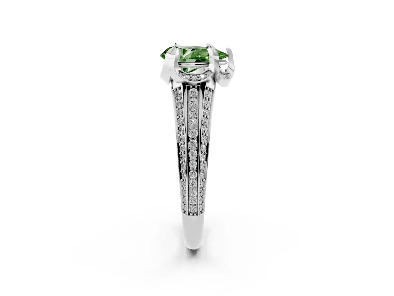 Fancy Green Pear Cut Diamond Pavé Split Shank Solitaire Ring Set in Platinum with Prong Setting