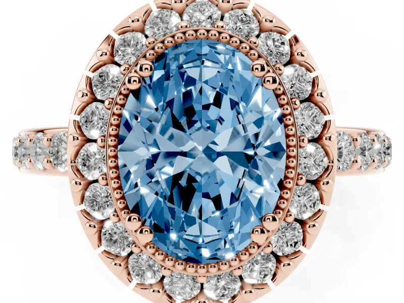 Oval Vintage Milgrain Halo Engagement Ring Setting for a Fancy Blue Lab-Grown Diamond | Pierced Gallery | Rose Gold