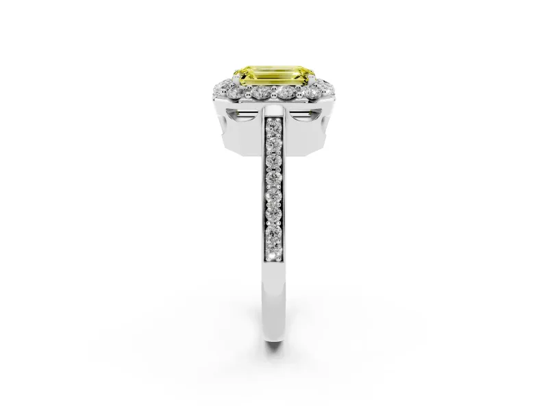 Fancy Yellow Emerald Cut Diamond Floral Halo Ring Set in Platinum with Pavé Band and Prong Setting
