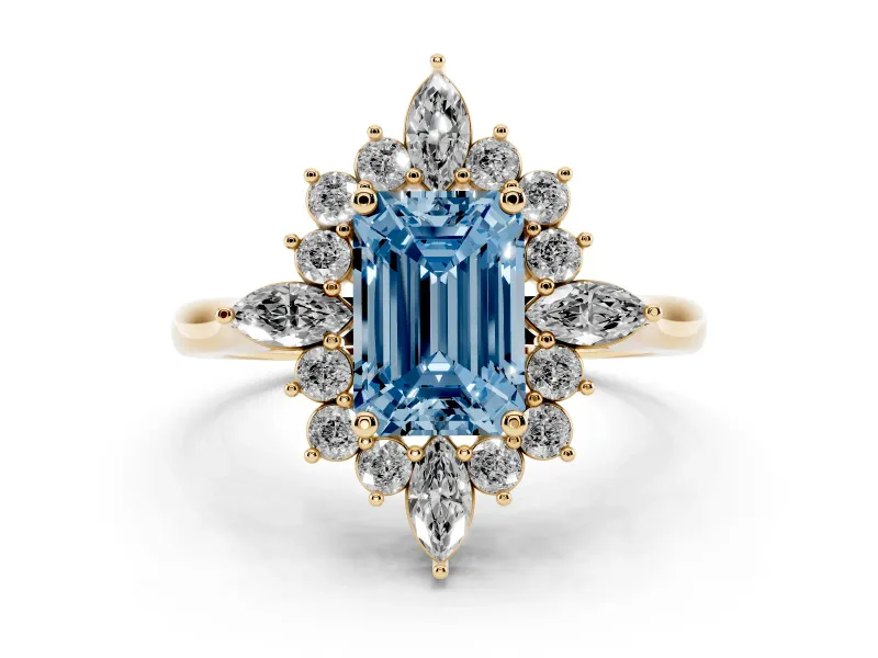 Fancy Blue Emerald Cut Diamond Cluster Halo Ring Set in Yellow gold with Marquise and Round Accents