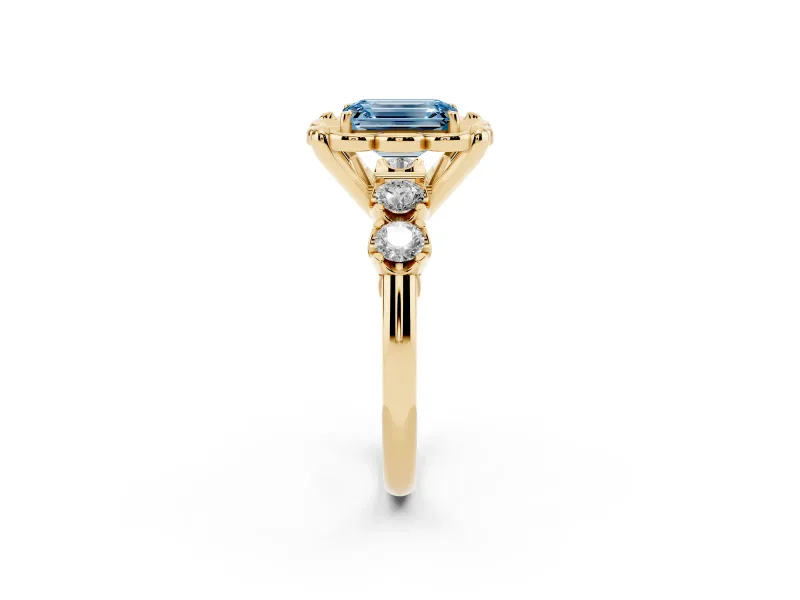 Emerald Cut Floral Engagement Ring Setting for a Fancy Blue Lab-Grown Diamond | Petal Frame | Yellow Gold