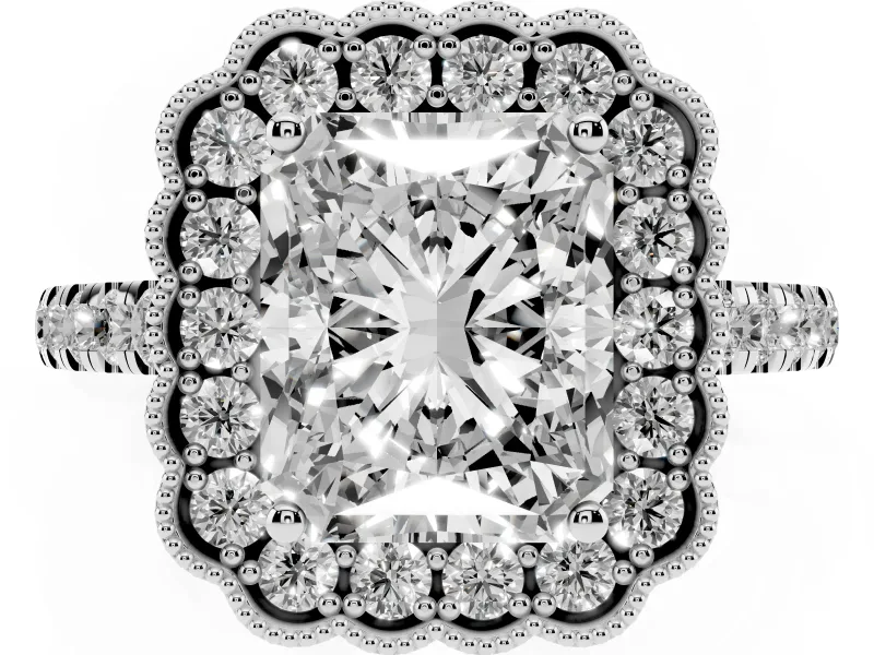 Radiant Cut Vintage Milgrain Floral Halo Engagement Ring Setting | Pavé Band | Platinum