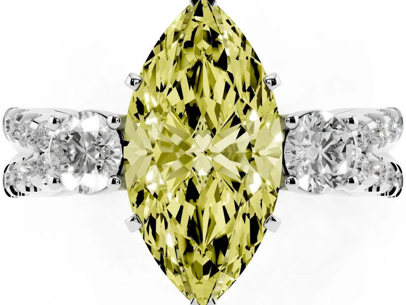 Fancy Yellow Marquise Cut Diamond Three-Stone Ring Set in Silver with Pavé Split Shank and Prong Setting