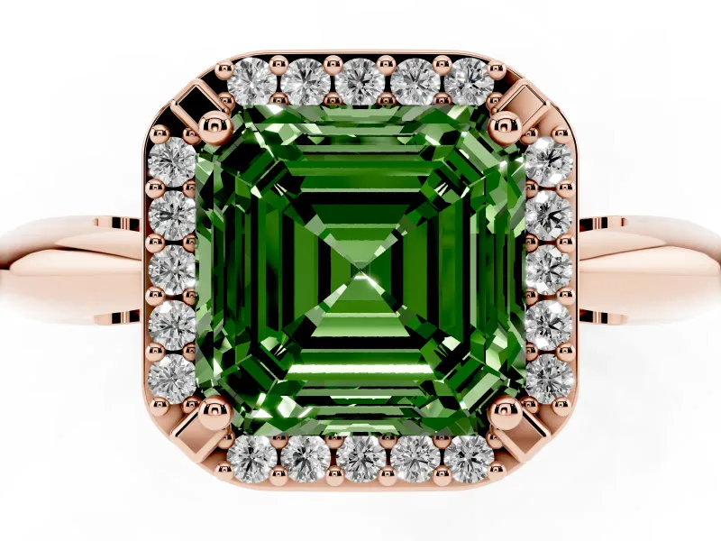 Fancy Green Asscher Cut Diamond Halo Engagement Ring Set in Rose gold with Plain Split Shank and Prong Setting