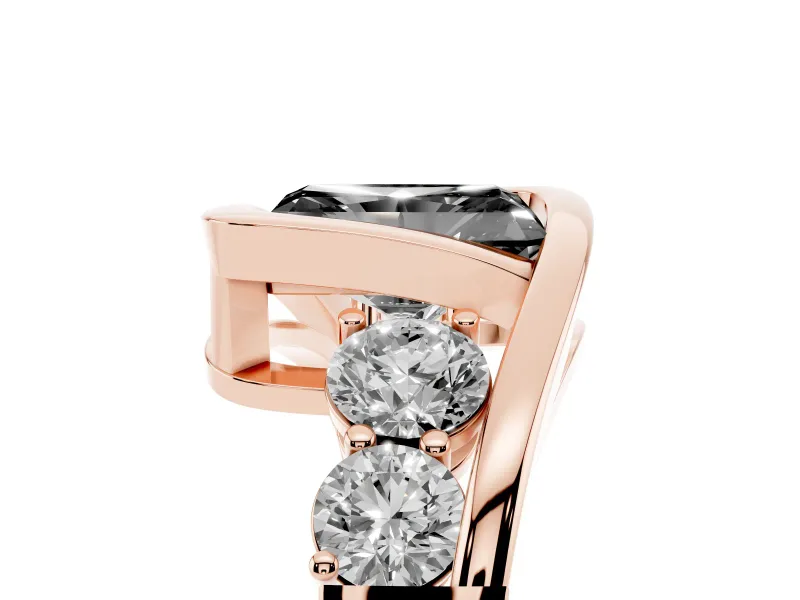 Fancy Black Radiant Cut Diamond Bezel Bypass Ring Set in Rose gold with Round Accents