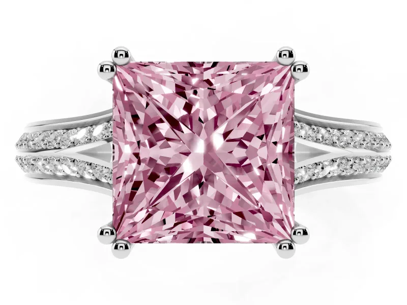 Princess Cut Pave Split Shank Engagement Ring Setting for a Fancy Pink Lab-Grown Diamond | Double Claw Prongs | Platinum