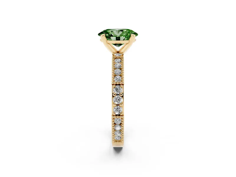 Fancy Green Oval Cut Diamond Solitaire Ring Set in Yellow gold with Slim Pavé Band and Prong Setting