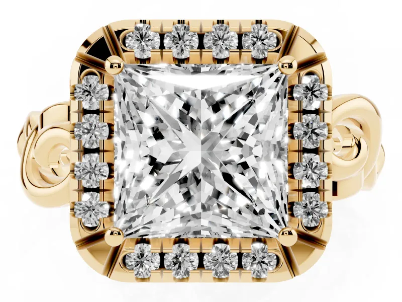 Princess Cut Vintage Filigree Halo Engagement Ring Setting | Scroll Shoulders | Yellow Gold