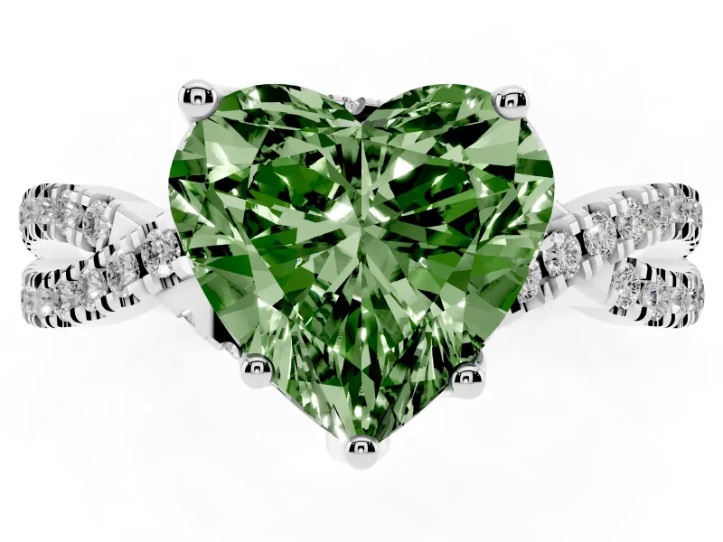 Fancy Green Heart Cut Diamond Twist Pavé Solitaire Engagement Ring Set in Platinum with Prong Setting