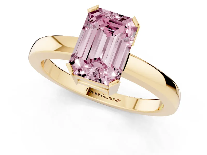 Fancy Pink Emerald Cut Diamond Solitaire Ring Set in Yellow gold with Prong Head and Smooth Polished Band