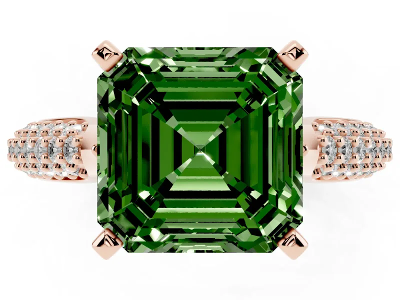 Fancy Green Asscher Cut Diamond Solitaire Engagement Ring Set in Rose gold with Multi-Row Round Pavé Band and Prong Setting