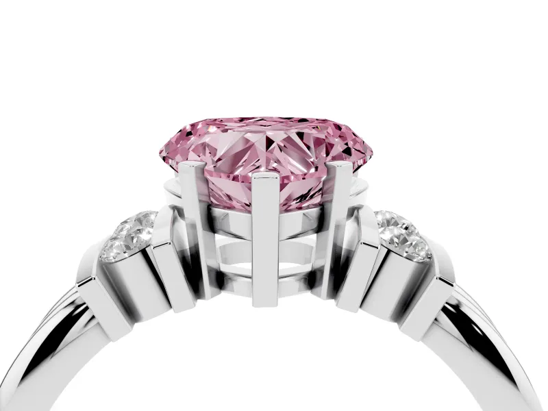 Fancy Pink Three-Stone Heart Cut Diamond Channel Set Ring Set in Silver with Bar Prongs