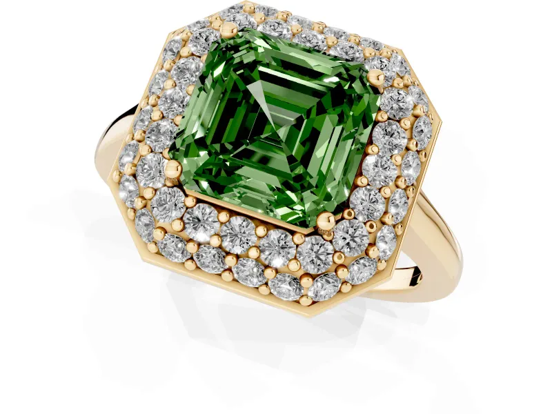Fancy Green Asscher Cut Diamond Halo Engagement Ring Set in Yellow gold with Solitaire Band and Prong Setting