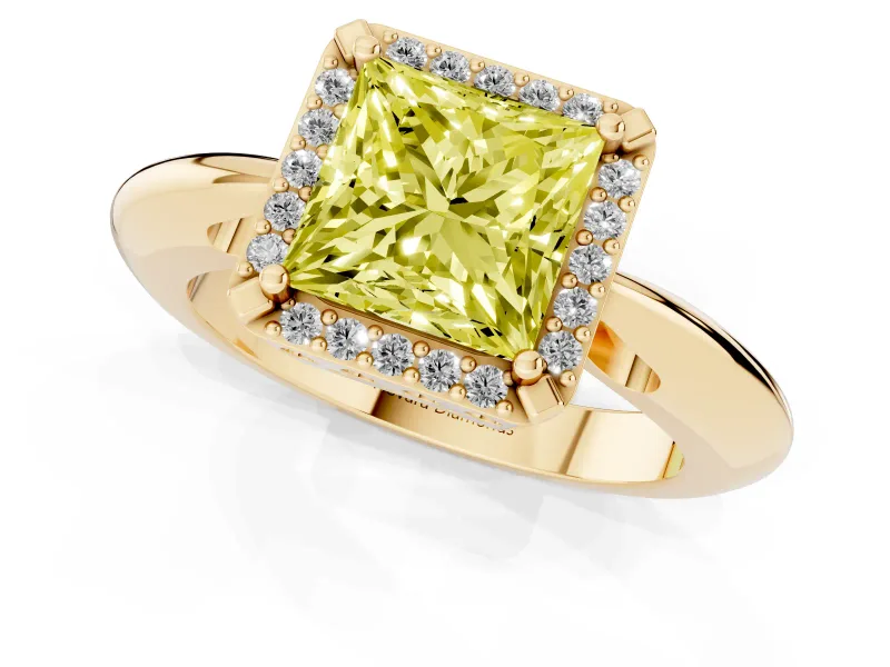 Princess Cut Halo Engagement Ring Setting for a Fancy Yellow Lab-Grown Diamond | Plain Tapered Band | Yellow Gold