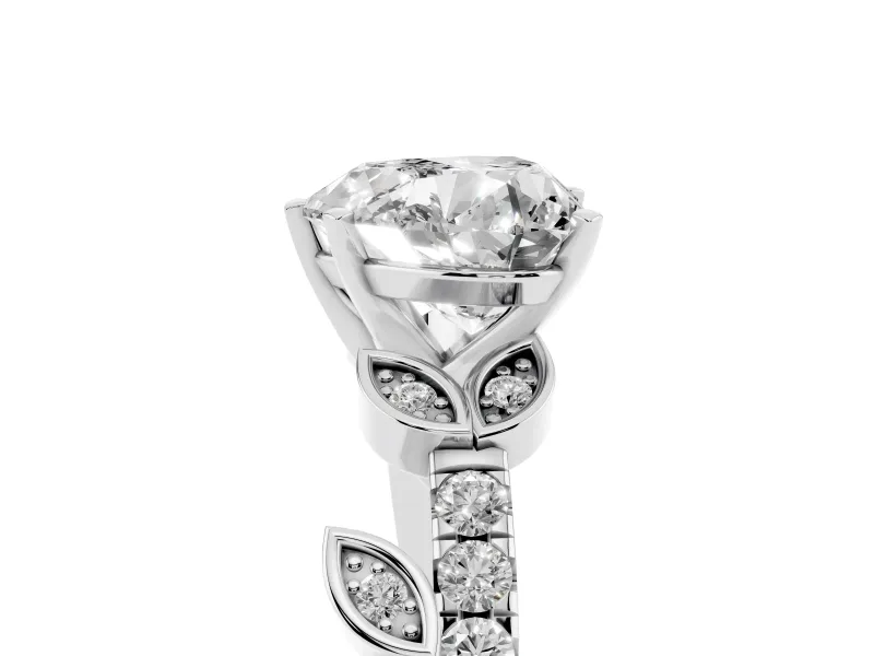 Heart Cut Diamond Solitaire Leaf-Inspired Ring Set in White gold with Pavé Band and Prong Setting