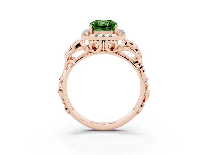 Fancy Green Radiant Cut Diamond Halo Ring Set in Rose gold with Scrollwork Band and Prong Setting