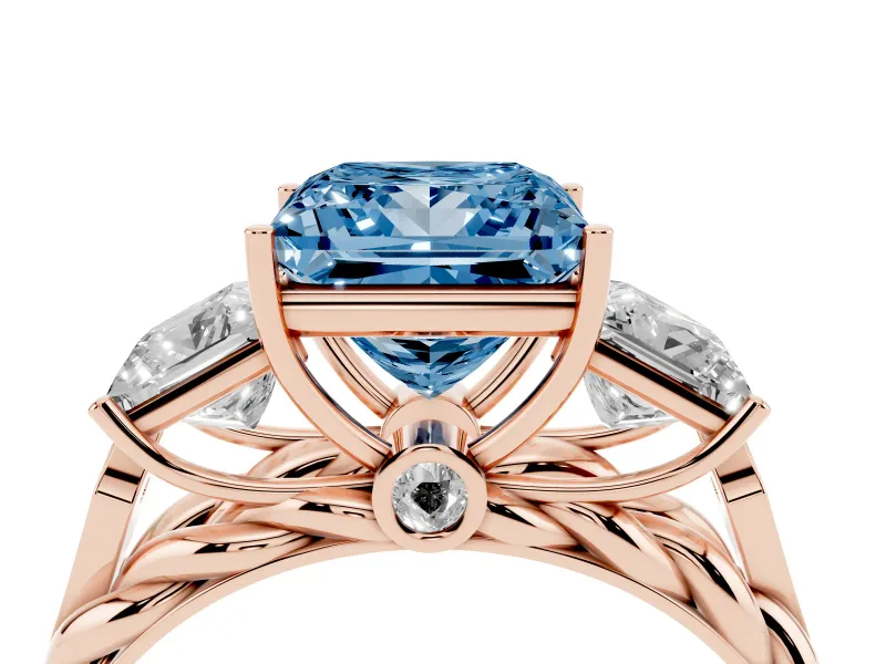 Fancy Blue Princess Cut Diamond Three-Stone Ring Set in Rose gold with Braided Band