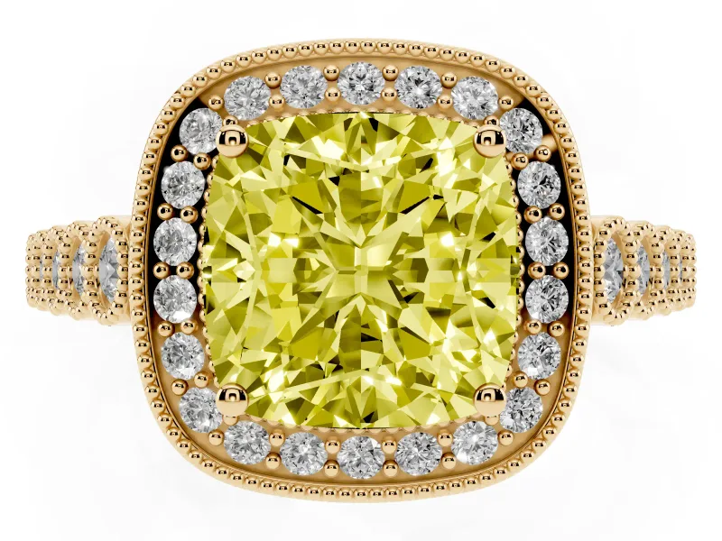 Cushion Cut Graduated Milgrain Halo Engagement Ring Setting for a Fancy Yellow Lab-Grown Diamond | Yellow Gold