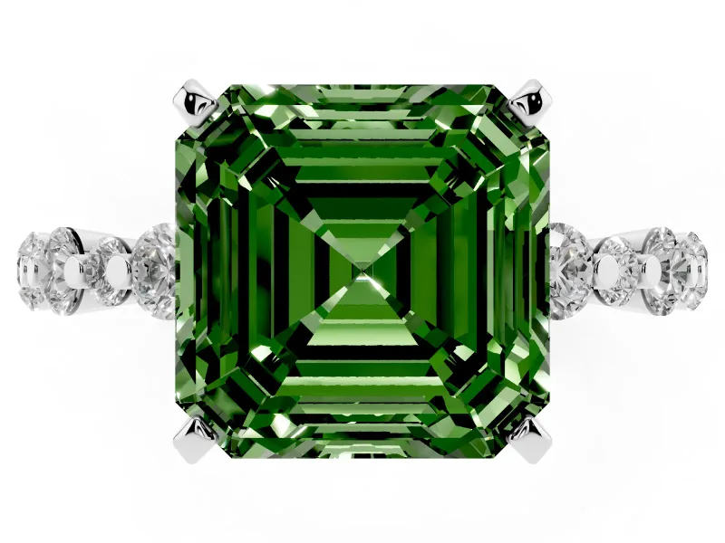 Fancy Green Asscher Cut Diamond Prong Set Engagement Ring Set in Silver with Round Accent Pavé Band