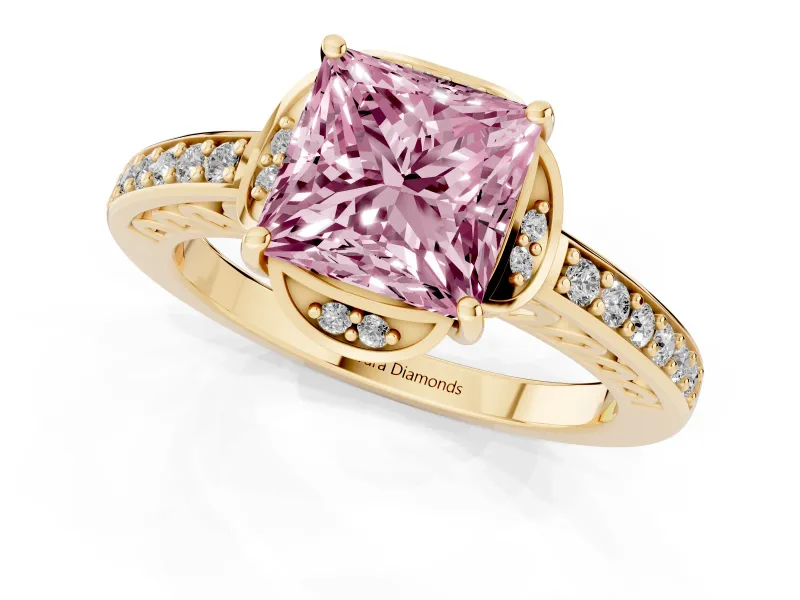 Princess Cut Floral Pavé Engagement Ring Setting for a Fancy Pink Lab-Grown Diamond | Yellow Gold