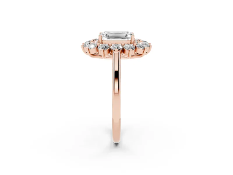 Emerald Cut Floral Double Halo Engagement Ring Setting | Plain Band | Rose Gold