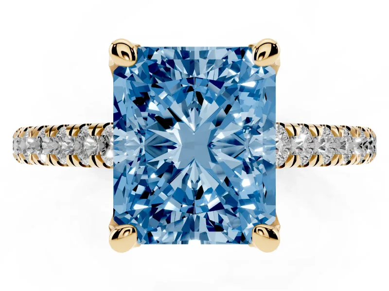 Radiant Cut Hidden Halo Pave Engagement Ring Setting for a Fancy Blue Lab-Grown Diamond | Claw Prongs | Yellow Gold