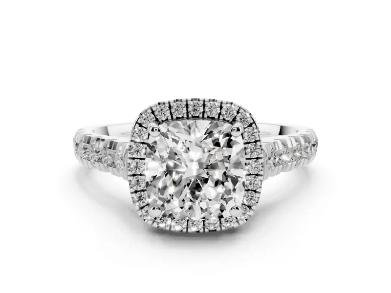 Cushion Cut Diamond Halo Engagement Ring Set in Platinum with Pavé Band and Prong-Set Center