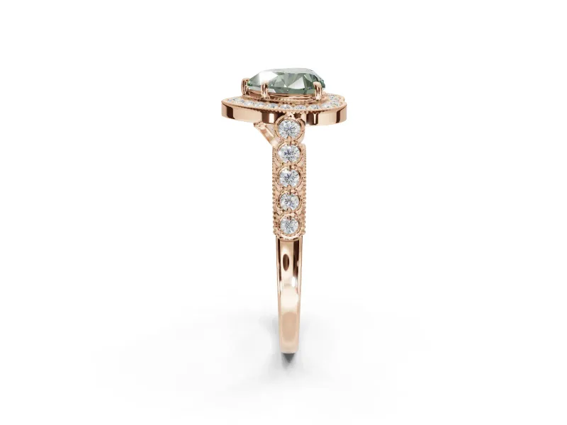 Fancy Green Heart-Shaped Lab-Grown Diamond Milgrain Halo Solitaire Ring Set in Rose Gold with Bezel Set Side Stones and Pavé Band
