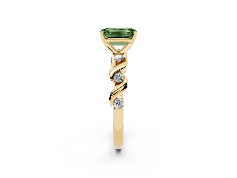 Fancy Green Emerald Cut Diamond Solitaire Ring Set in Yellow gold with Ribbon Twist Band, Round Accents and Prong Setting