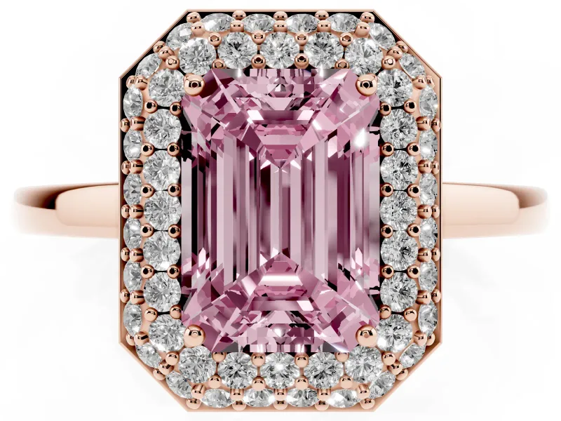 Fancy Pink Emerald Cut Diamond Halo Engagement Ring Set in Rose gold with Solitaire Band and Prong Setting