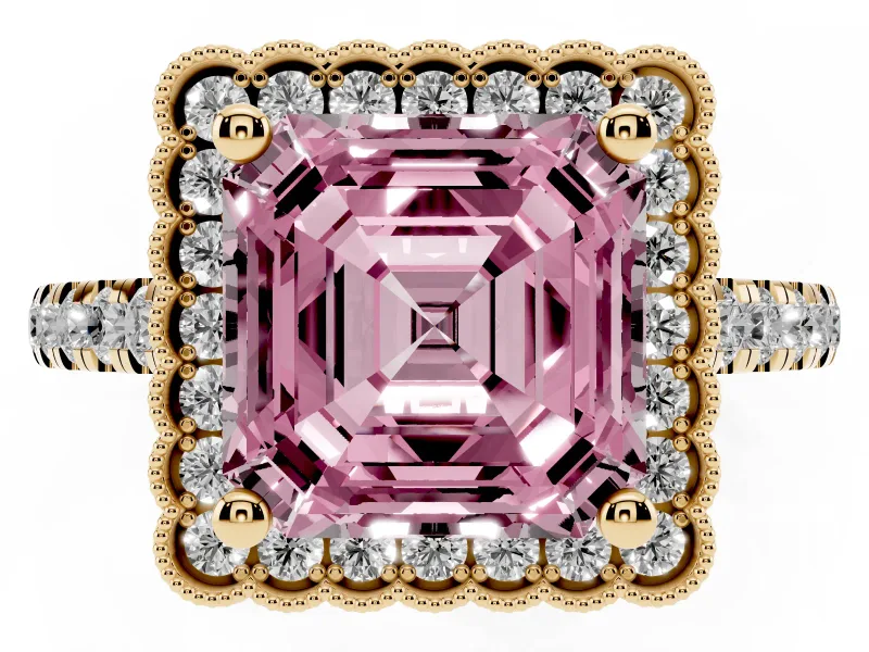 Fancy Pink Asscher Cut Diamond Milgrain Floral Halo Engagement Ring Set in Yellow gold with Pavé Band