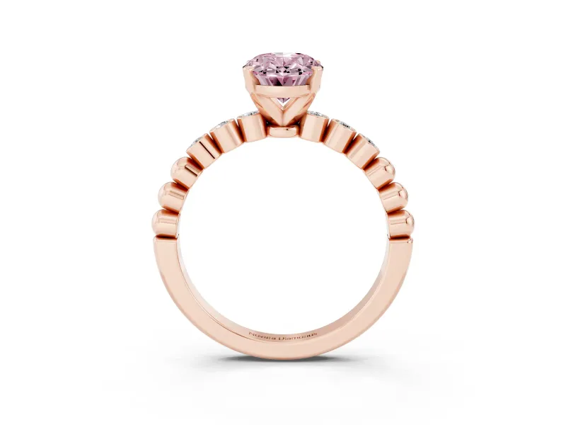 Fancy Pink Oval Cut Diamond Solitaire Engagement Ring Set in Rose gold with Bezel Accents on Beaded Band